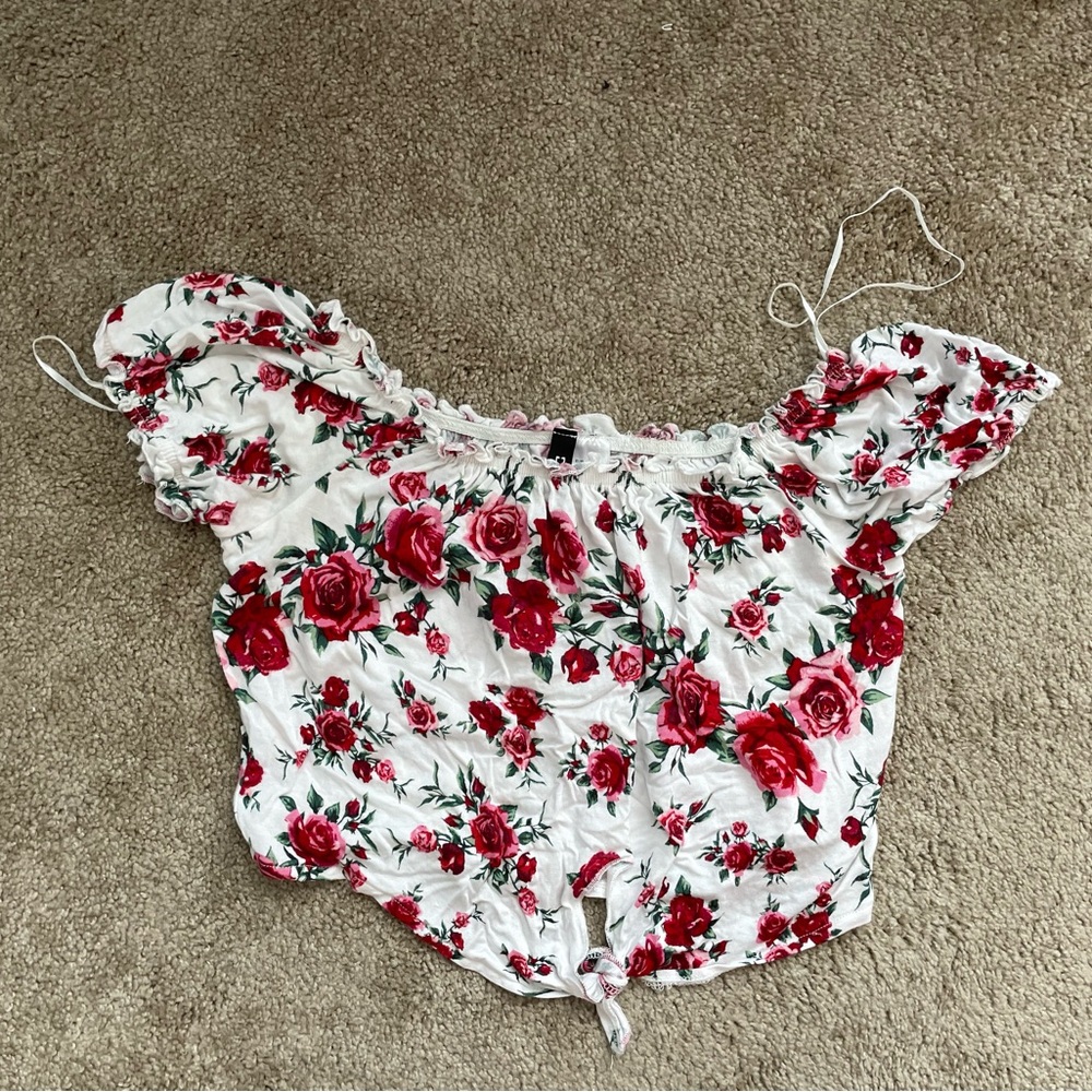 White Floral Tie-Front Off-Shoulder Crop Top with Red Rose Print
